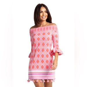 CABANA‎ LIFE Coral Geo Coverluxe Smocked Off Shoulder Mini Dress Tassel MEDIUM